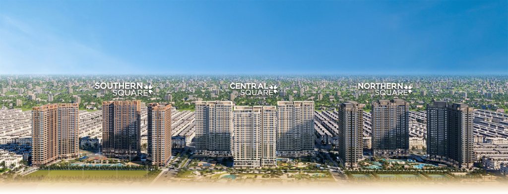 Bảng Giá Lumiere Prime Peak 2025 - Cập Nhật Mới Nhất 2 Phối cảnh tổng thể dự án Lumiere Prime Peak với ba phân khu chính: Southern Square, Central Square, và Northern Square. Hình ảnh thể hiện các tòa tháp cao tầng sang trọng, được bao quanh bởi khuôn viên xanh và tiện ích hiện đại, tạo nên một khu đô thị đồng bộ và đẳng cấp