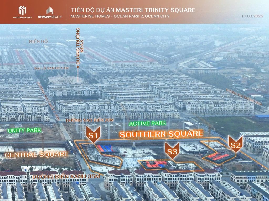 Lumiere Prime Peak 20 oàn cảnh khu vực Southern Square trong dự án Lumiere Prime Peak tại Ocean Park 2. Các tòa nhà thuộc phân khu S1, S2, S3 đang trong giai đoạn thi công với cần cẩu và công trình xây dựng. Xung quanh là hệ thống đường giao thông và khu tiện ích Active Park, giúp hình thành một khu đô thị sầm uất