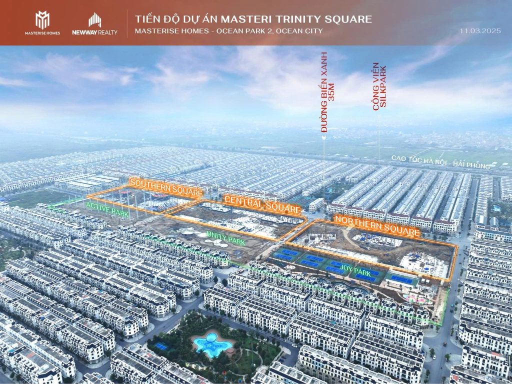 Lumiere Prime Peak 22 Hình ảnh nhìn từ trên cao về toàn bộ dự án Lumiere Prime Peak tại Ocean Park 2, thể hiện tiến độ xây dựng của các khu vực Southern Square, Central Square và Northern Square. Các công viên như Joy Park, Unity Park và Active Park được bố trí đan xen, tạo nên không gian sống xanh và tiện nghi giữa khu đô thị hiện đại
