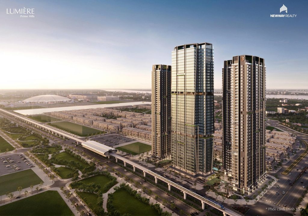 Lumiere Prime Hills 2 Phối cảnh tổng thể dự án Lumière Prime Hills với các tòa tháp cao hiện đại, bao quanh bởi khu nhà thấp tầng, hệ thống giao thông đồng bộ và tuyến metro đi qua phía trước dự án.
